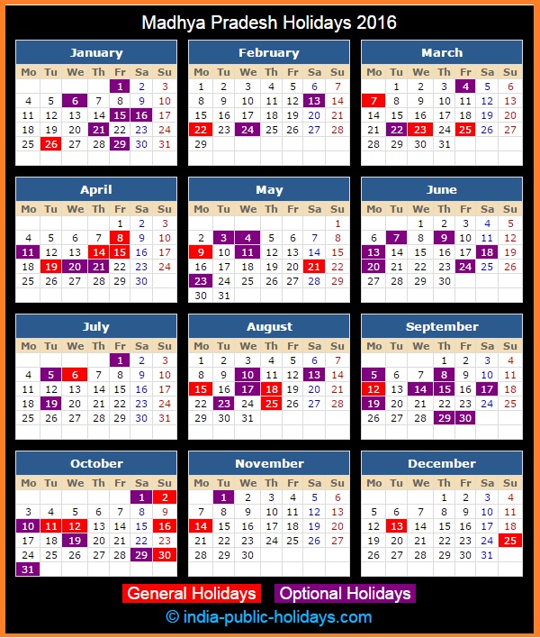 Madhya Pradesh Holiday Calendar 2016